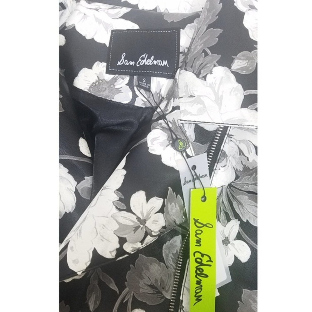 🔥SOLD🔥Sam Edelman Gray Black White Vegan Leather Floral Moto Jacket Size S NWT - Picture 8 of 9